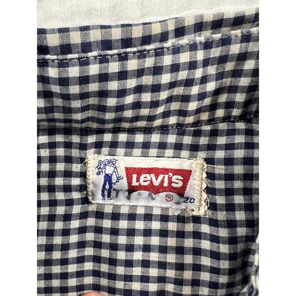 Vintage Levis Western Shirt Mens Navy White Gingham Plaid 70s Super Thin Small - Picture 3 of 7